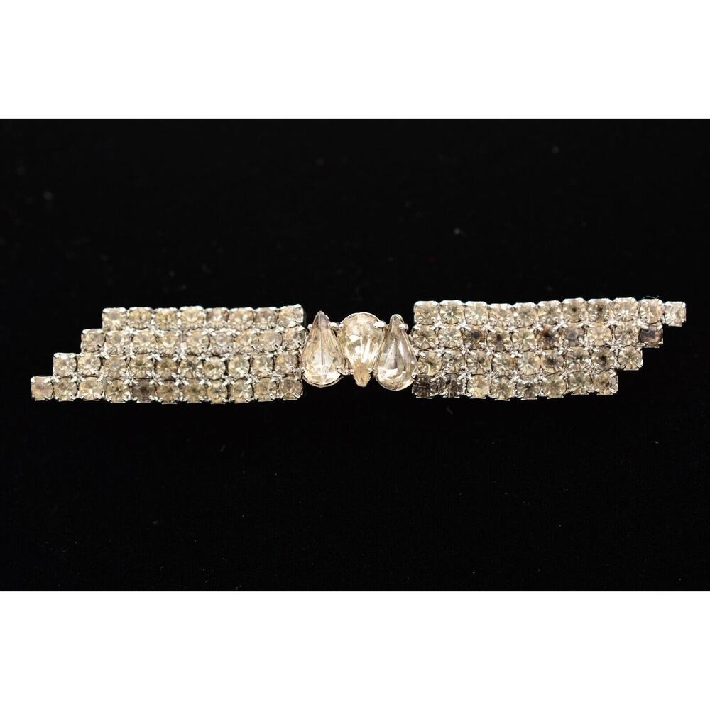 Vintage Crystal Bar Pin Brooch Prong Rhinestone Shiny Silver Tone 1980s BinAP